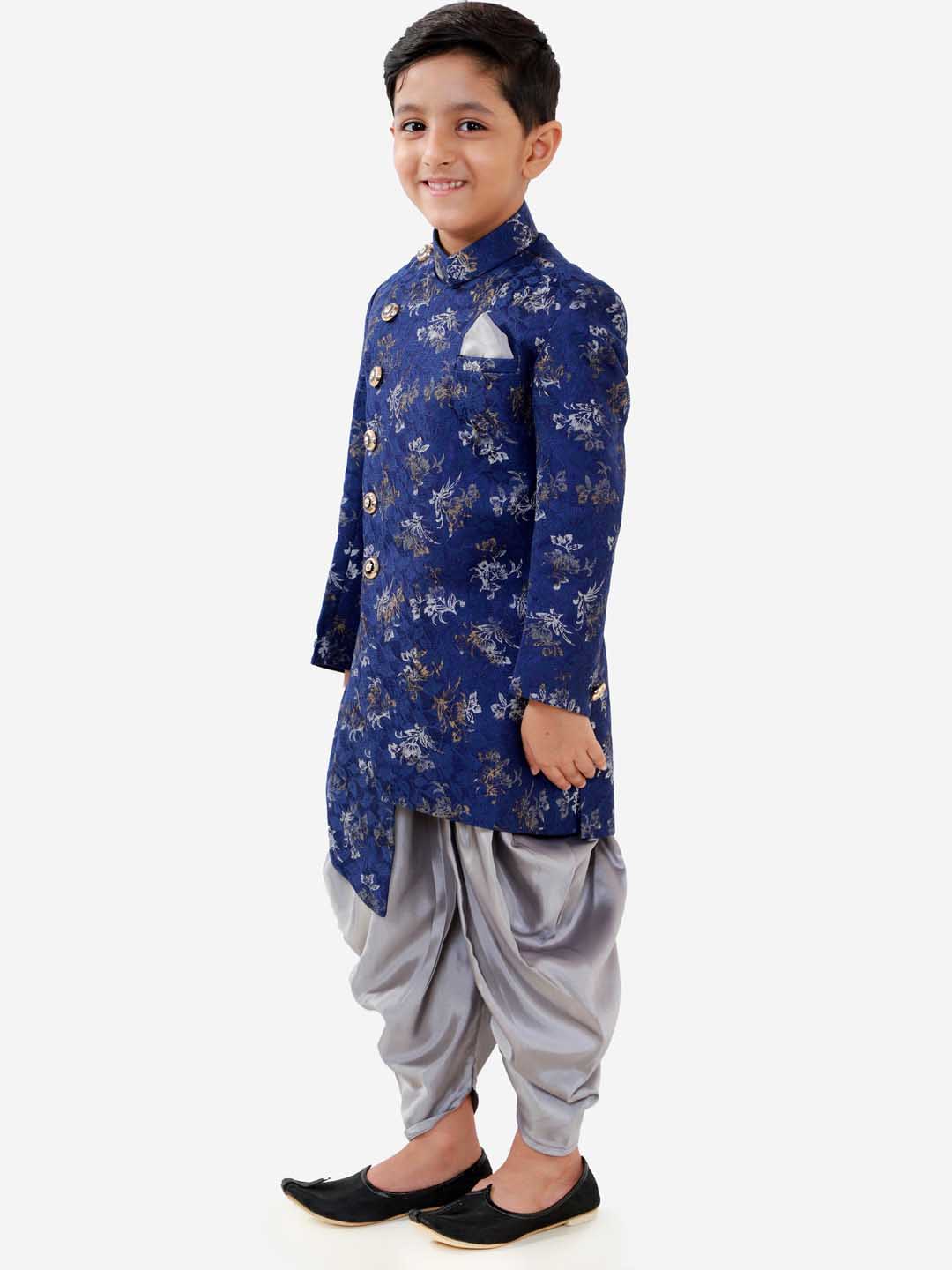 VASTRAMAY Boys Blue And Grey Angrakha Style Indowestern Sherwani And Dhoti Set - qivii