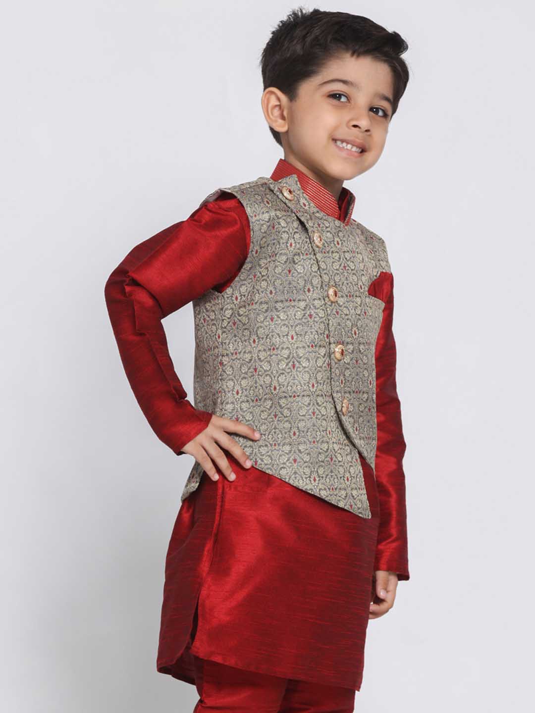 Vastramay Boys' Grey Cotton Silk Blend Nehru Jacket - qivii