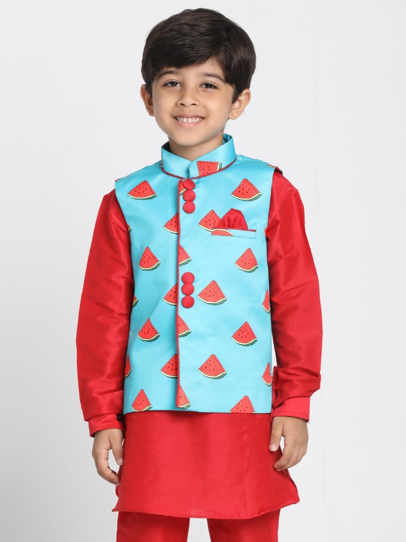 Vastramay Boys' Quirky Watermelon Print Nehru Jacket - qivii