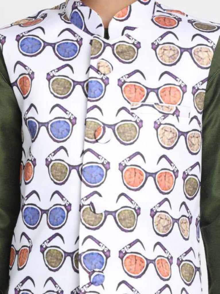 Vastramay Boy's Quirky Nehru Jacket, Green Kurta And Pyjama Set - qivii