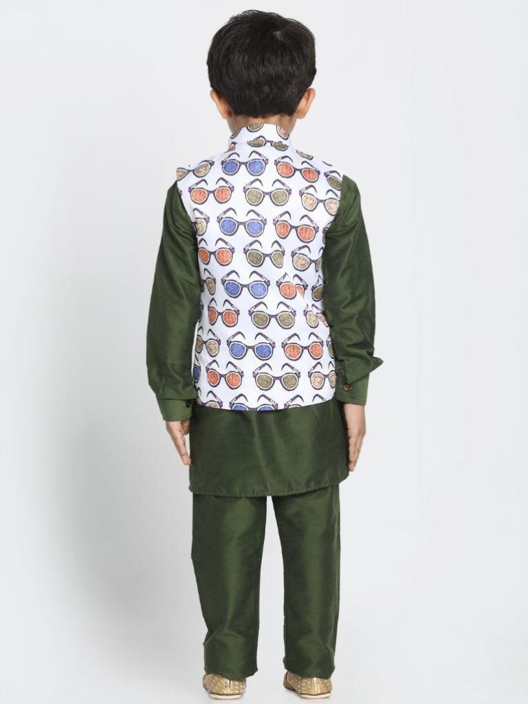 Vastramay Boy's Quirky Nehru Jacket, Green Kurta And Pyjama Set - qivii