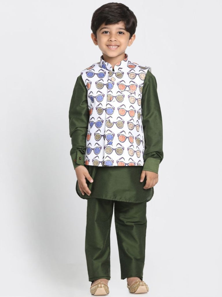 Vastramay Boy's Quirky Nehru Jacket, Green Kurta And Pyjama Set - qivii