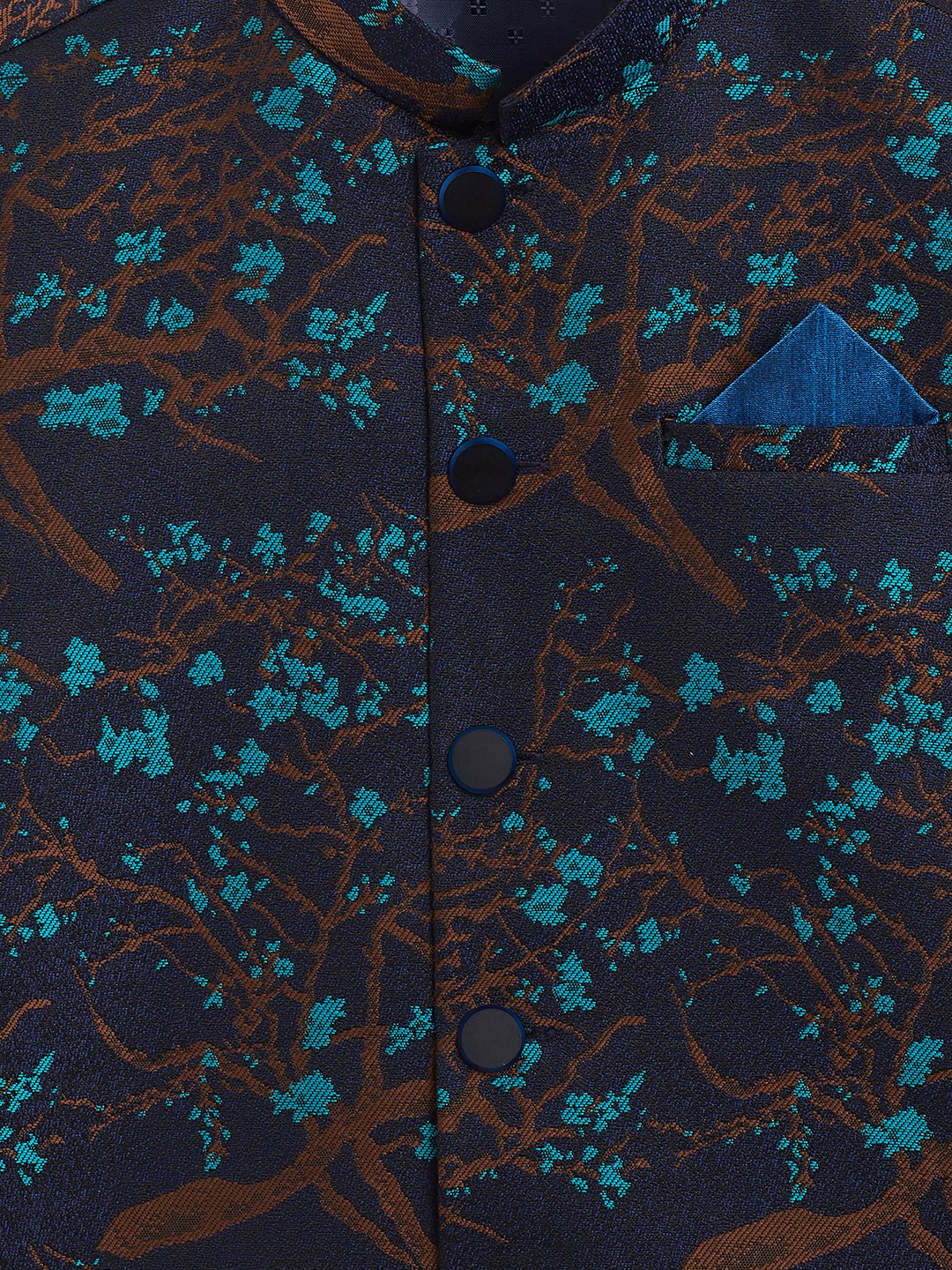 Vastramay Boys' Turquoise And Black Jacquard Nehru Jacket - qivii