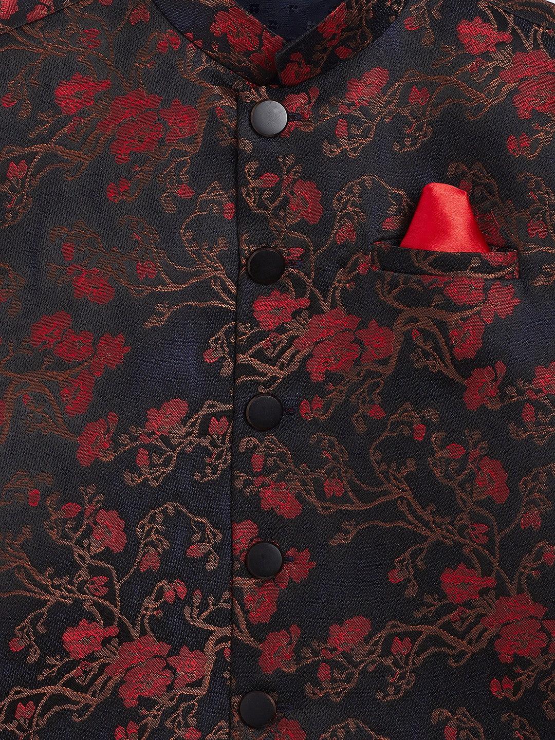 Boy's Maroon And Black Jacquard Nehru Jacket