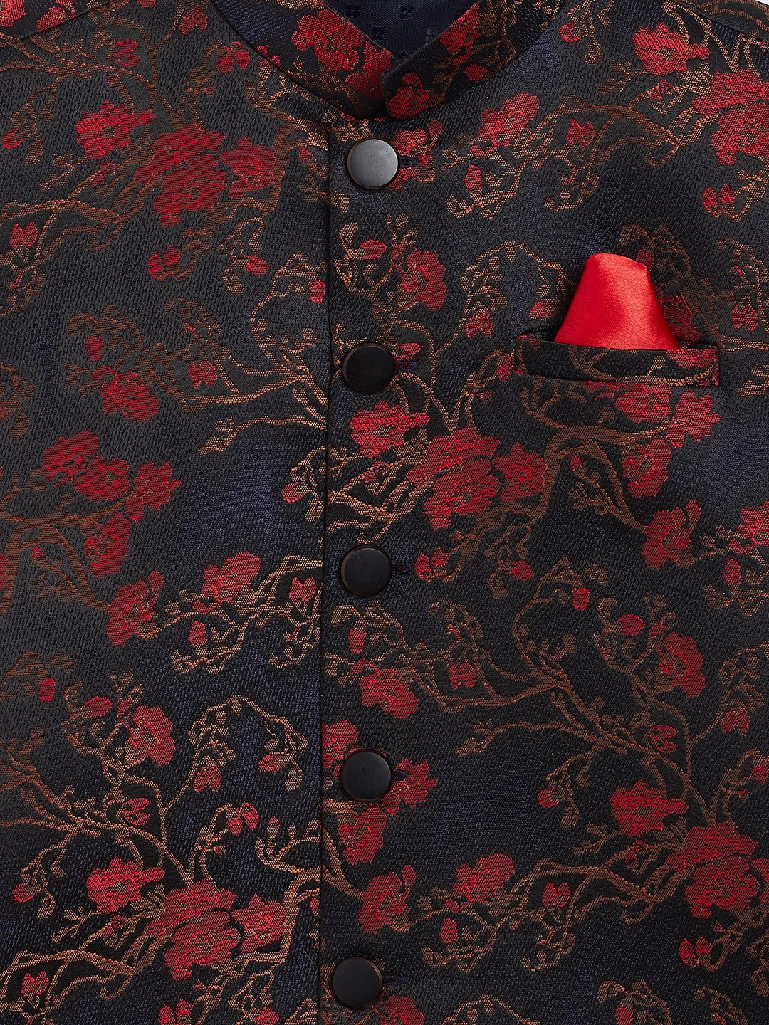 Vastramay Boys Maroon And Black Jacquard Nehru Jacket - qivii