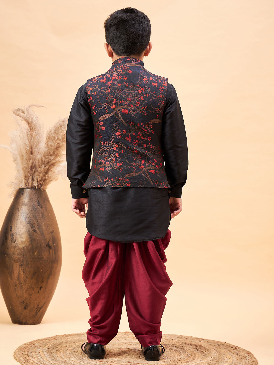 Vastramay Boys Maroon Jacquard Jacket With Black kurta and Dhoti Set - qivii