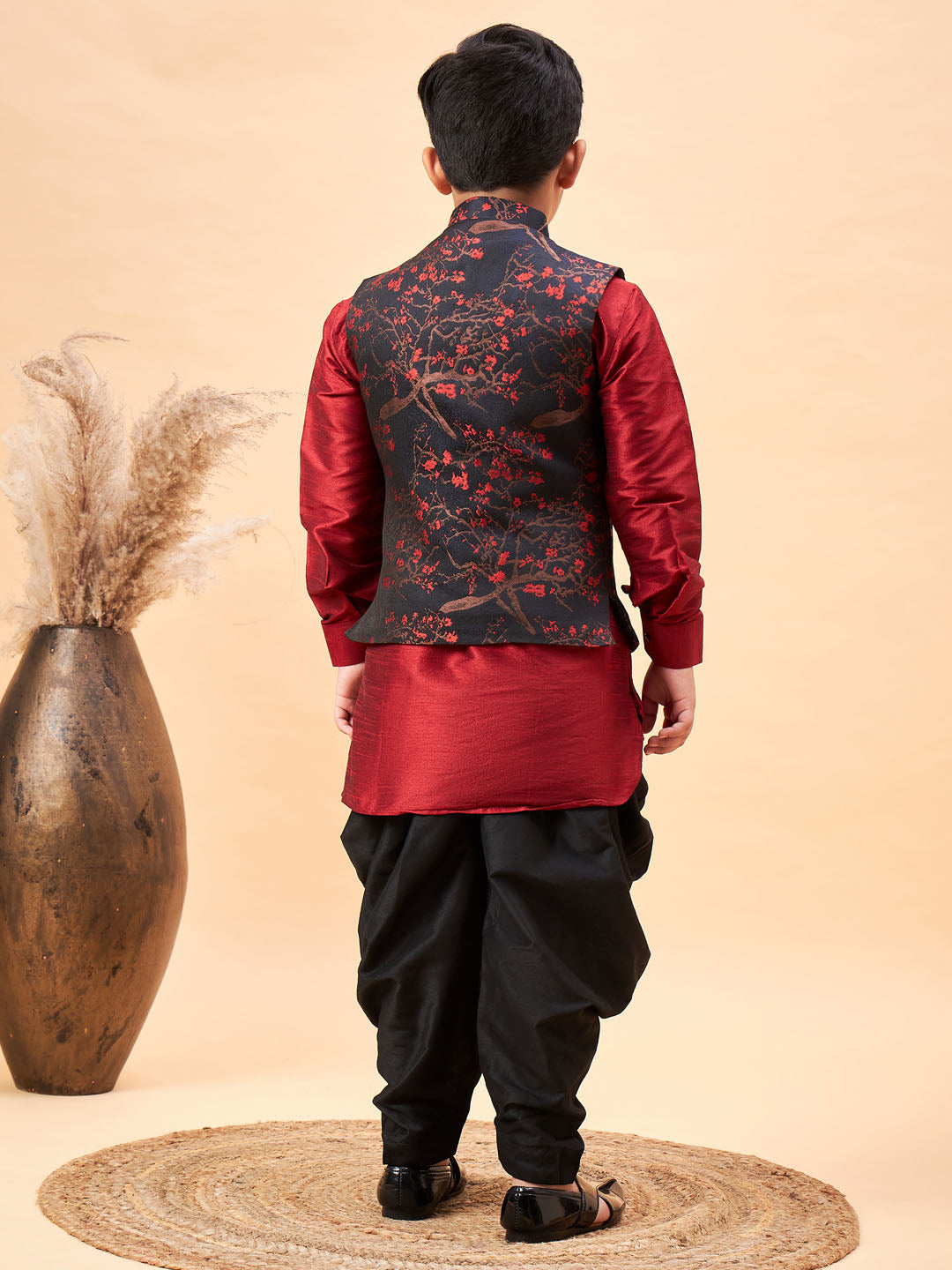 Vastramay Boys Maroon Jacquard Jacket With Maroon kurta and Dhoti Set - qivii
