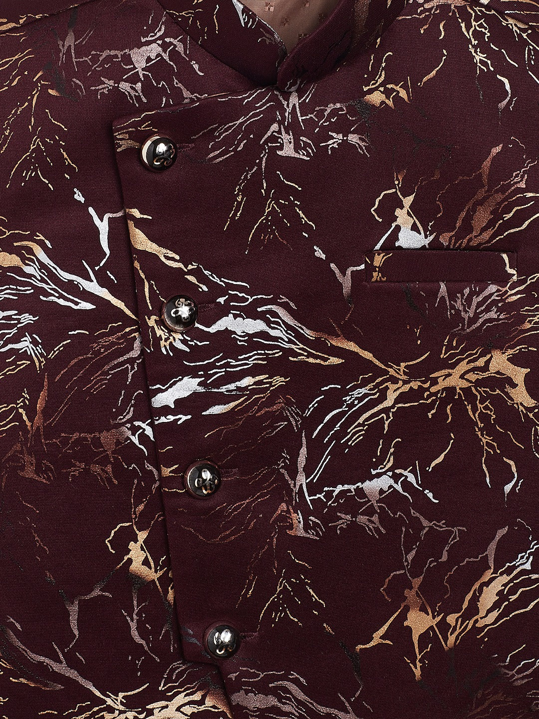 Vastramay Boy's Maroon Scuba Foil Print Nehru Jacket - qivii