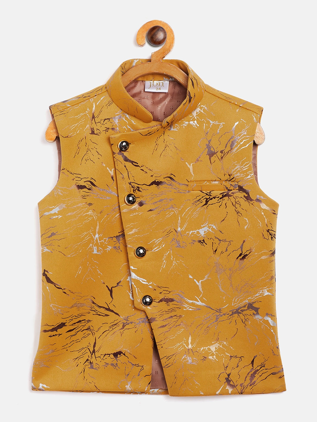 Vastramay Boy's Yellow Scuba Foil Print Nehru Jacket - qivii