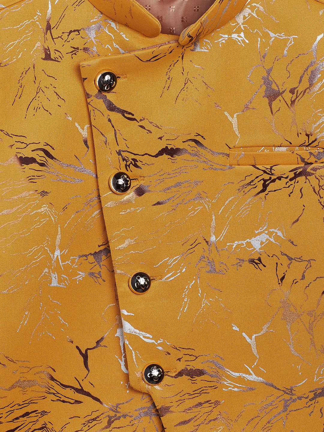 Vastramay Boy's Yellow Scuba Foil Print Nehru Jacket - qivii