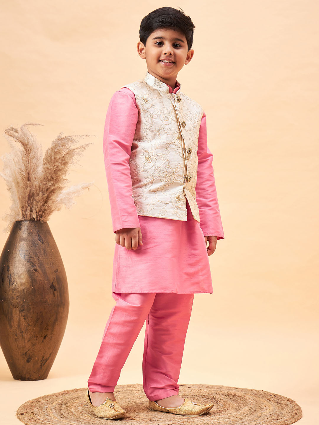 VASTRAMAY Boy's Beige Woven Nehru Jacket With Pink Kurta Pyjama Set - qivii