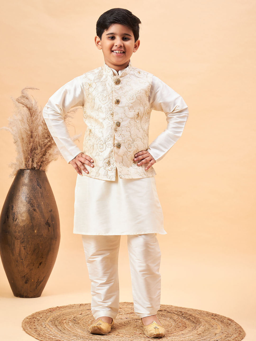Vastramay Boy's Beige Nehru Jacket With Cream Kurta And Pyjama Set - qivii