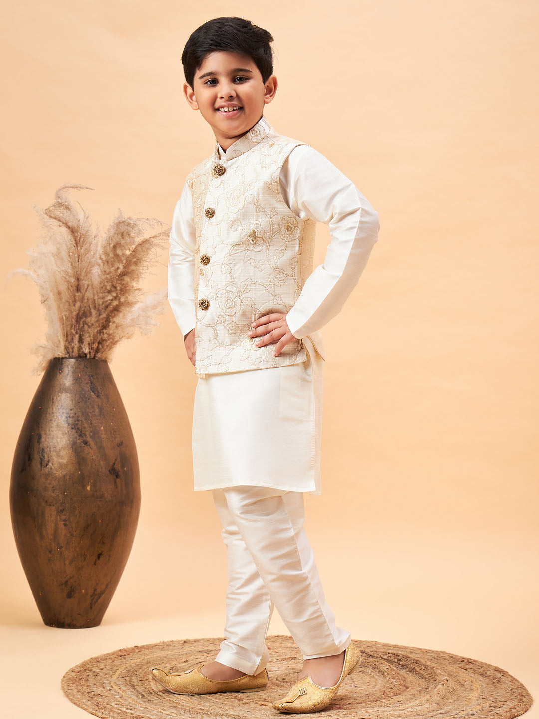 Vastramay Boy's Beige Nehru Jacket With Cream Kurta And Pyjama Set - qivii