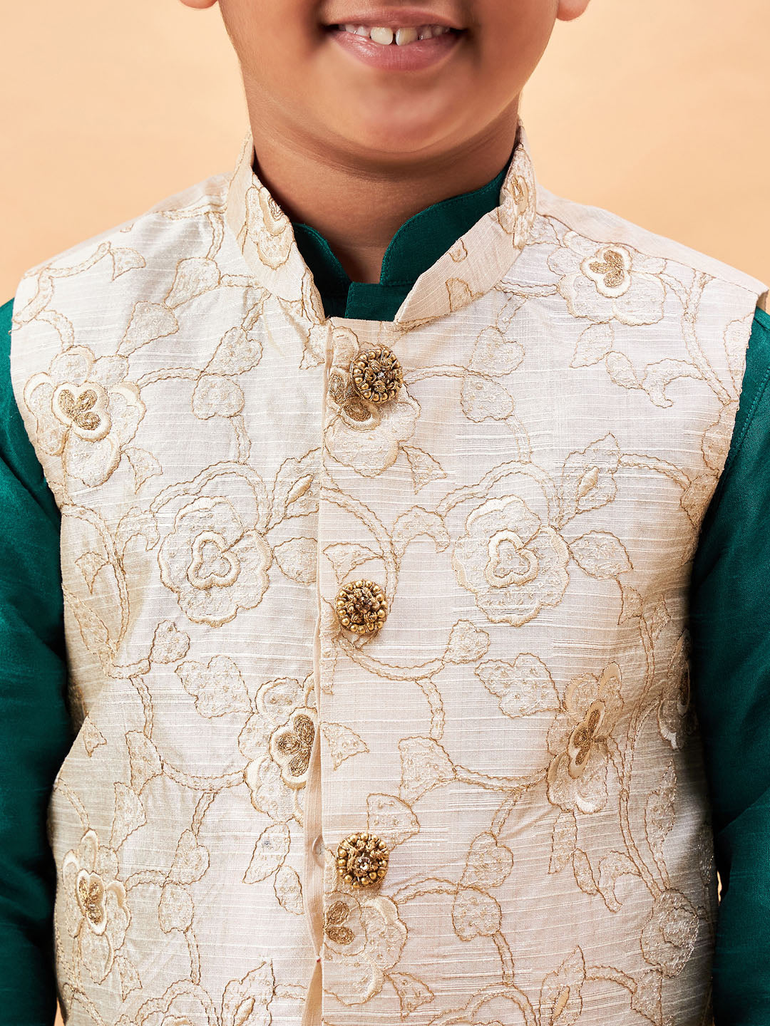 VASTRAMAY Boy's Beige Woven Nehru Jacket With Green Kurta Pyjama Set - qivii