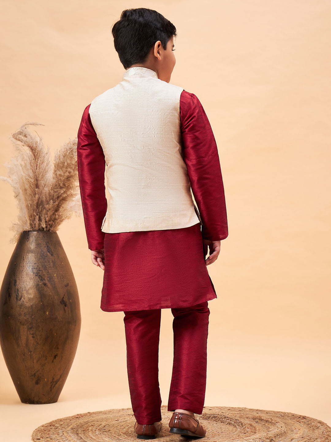 VASTRAMAY Boy's Beige Woven Jacket With Maroon Kurta and Pyjama Set - qivii