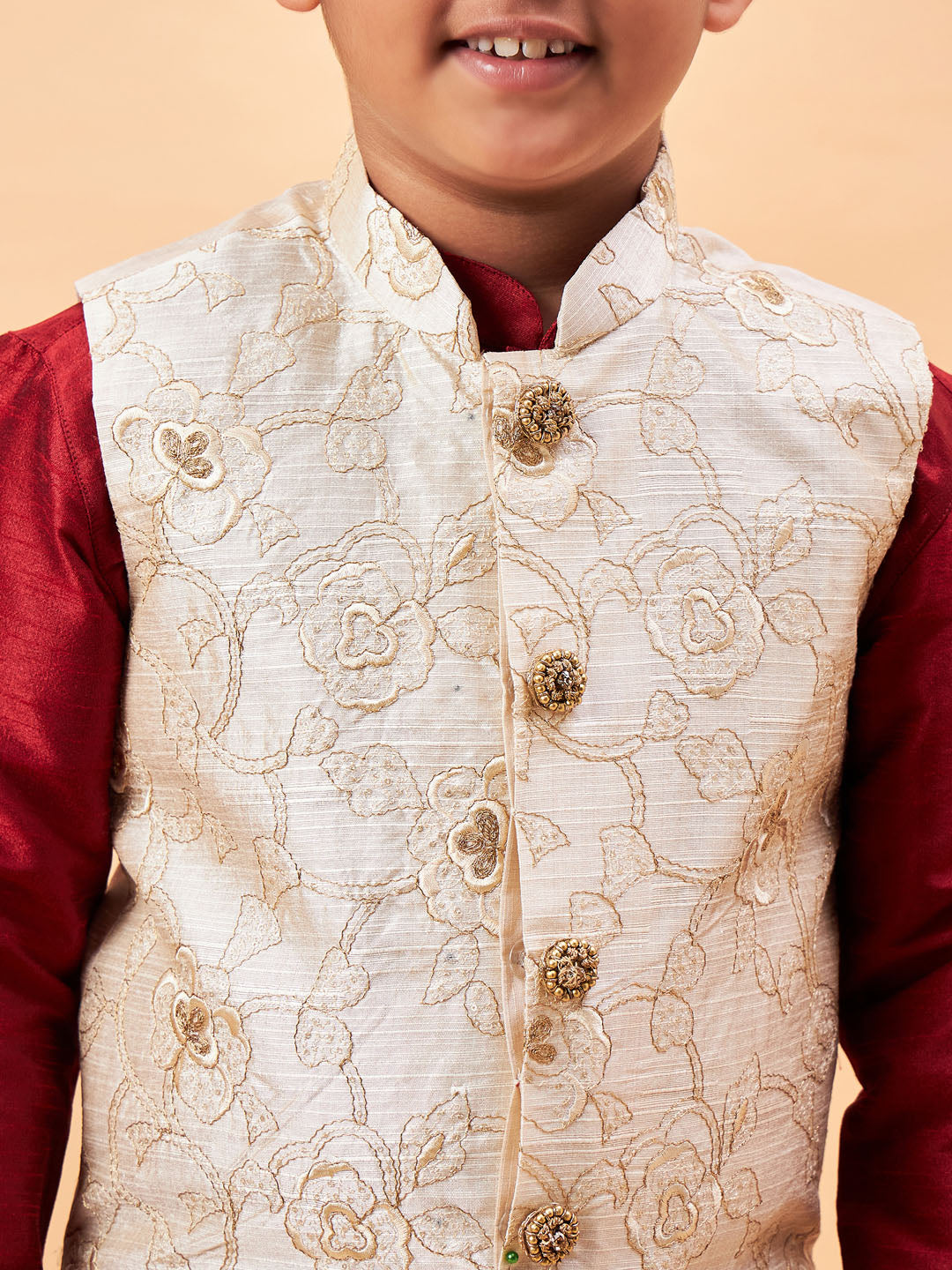 VASTRAMAY Boy's Beige Woven Jacket With Maroon Kurta and Pyjama Set - qivii