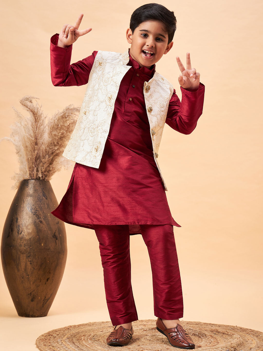 VASTRAMAY Boy's Beige Woven Jacket With Maroon Kurta and Pyjama Set - qivii