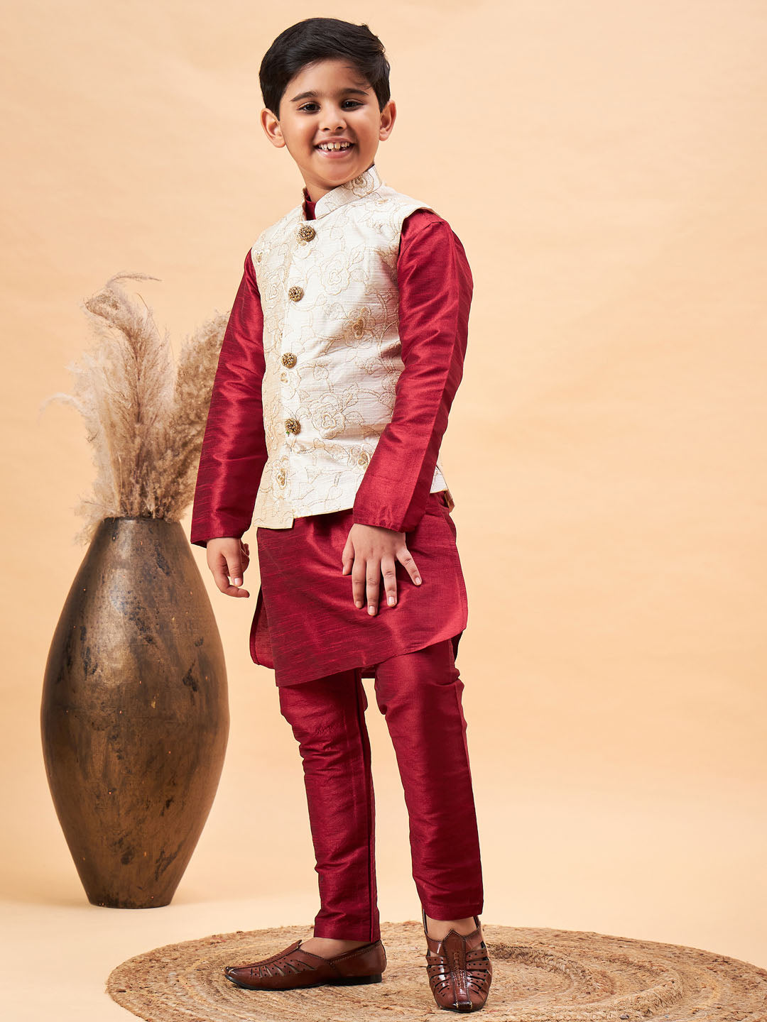 VASTRAMAY Boy's Beige Woven Jacket With Maroon Kurta and Pyjama Set - qivii
