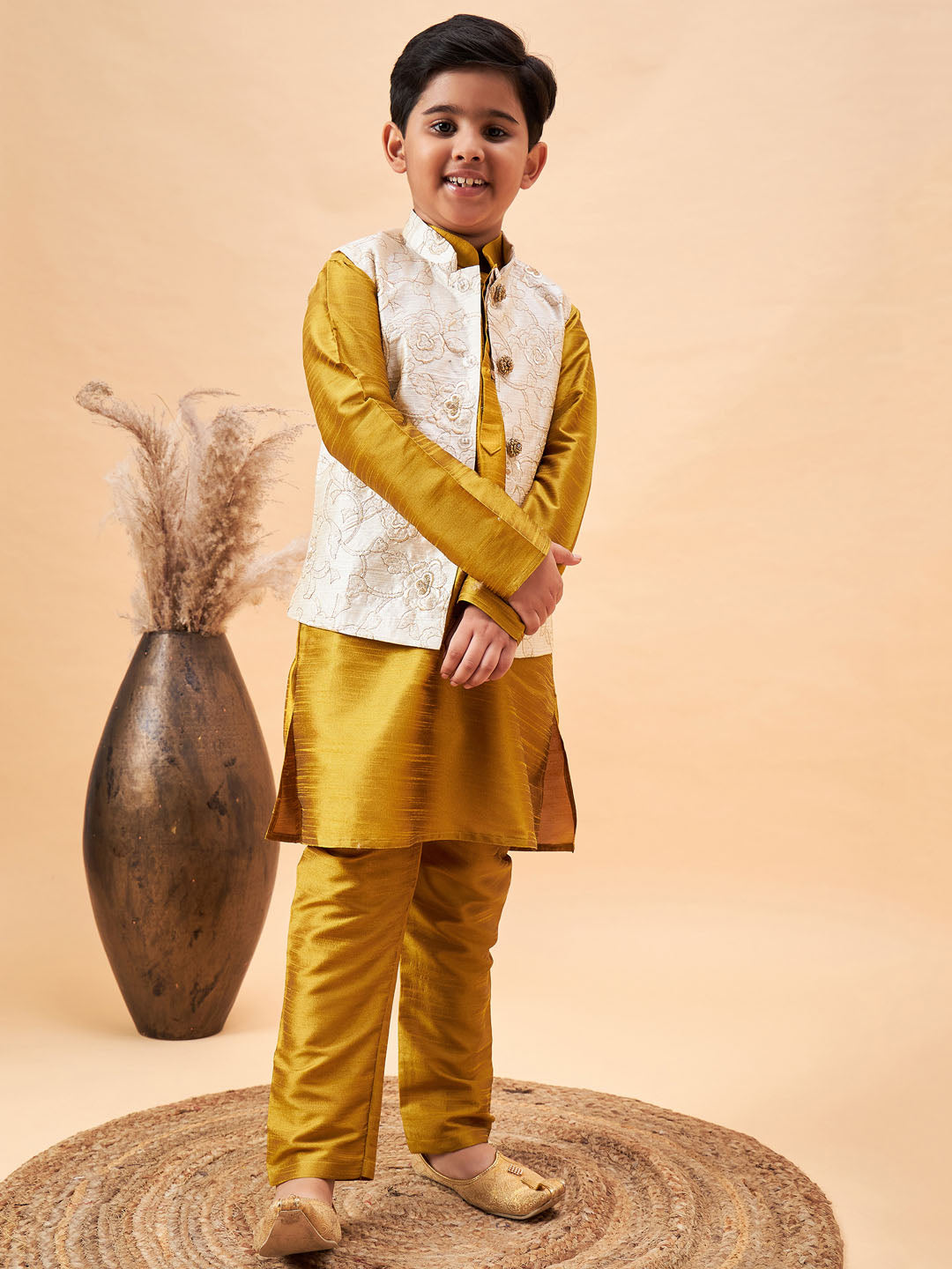 Vastramay Boy's Beige Nehru Jacket With Mustard Kurta And Pyjama Set - qivii
