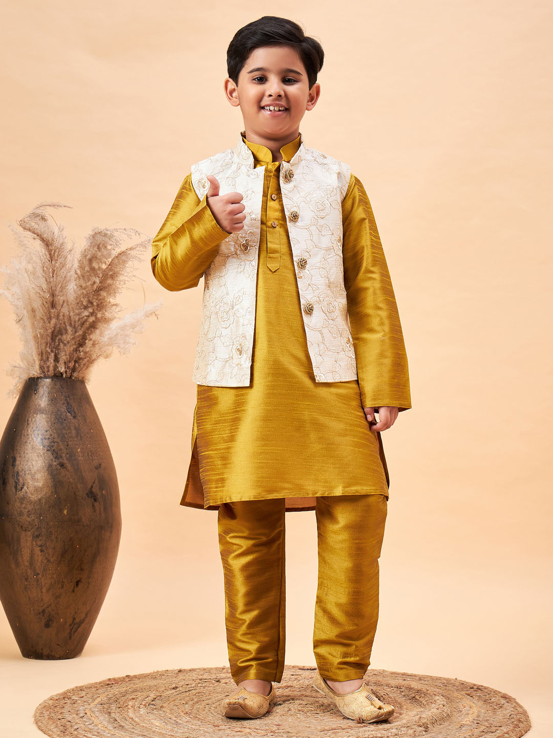 Vastramay Boy's Beige Nehru Jacket With Mustard Kurta And Pyjama Set - qivii