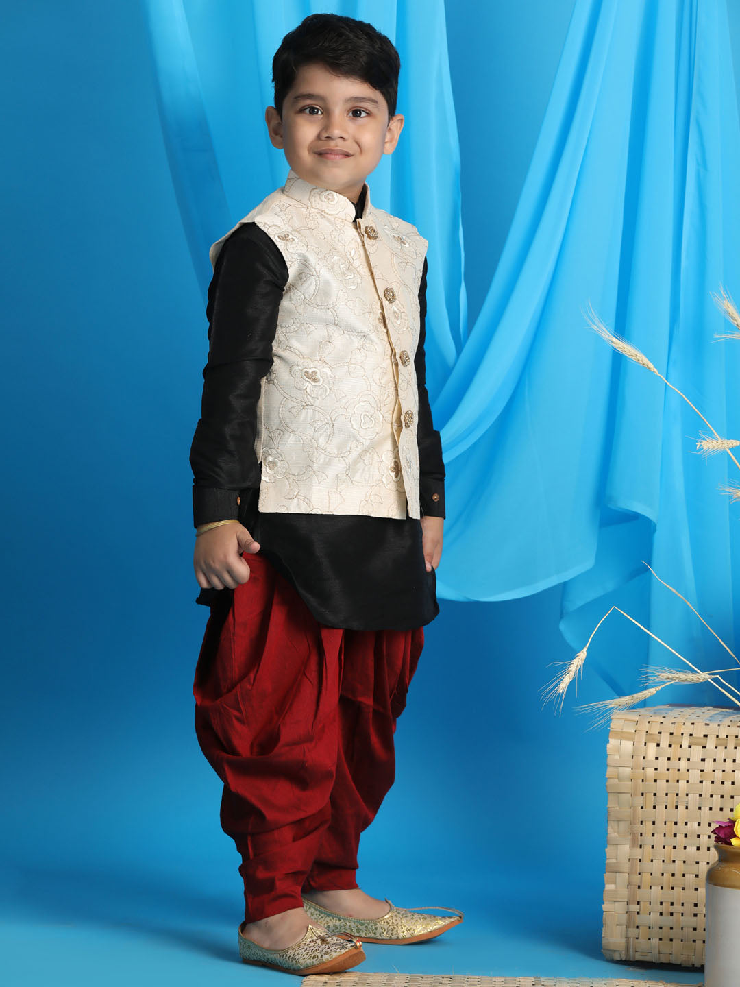VASTRAMAY Boy's Beige Embroidered Nehru Jacket With Black Kurta And Maroon Dhoti Set - qivii