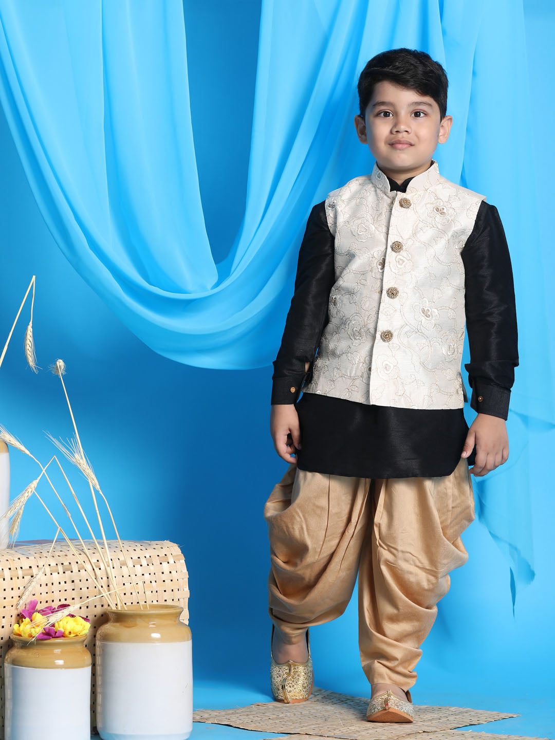 VASTRAMAY Boy's Beige Embroidered Nehru Jacket With Black Kurta And Rose Gold Dhoti Set - qivii