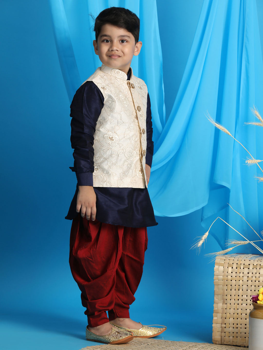 VASTRAMAY Boy's Beige Embroidered Nehru Jacket With Blue Kurta And Maroon Dhoti Set - qivii