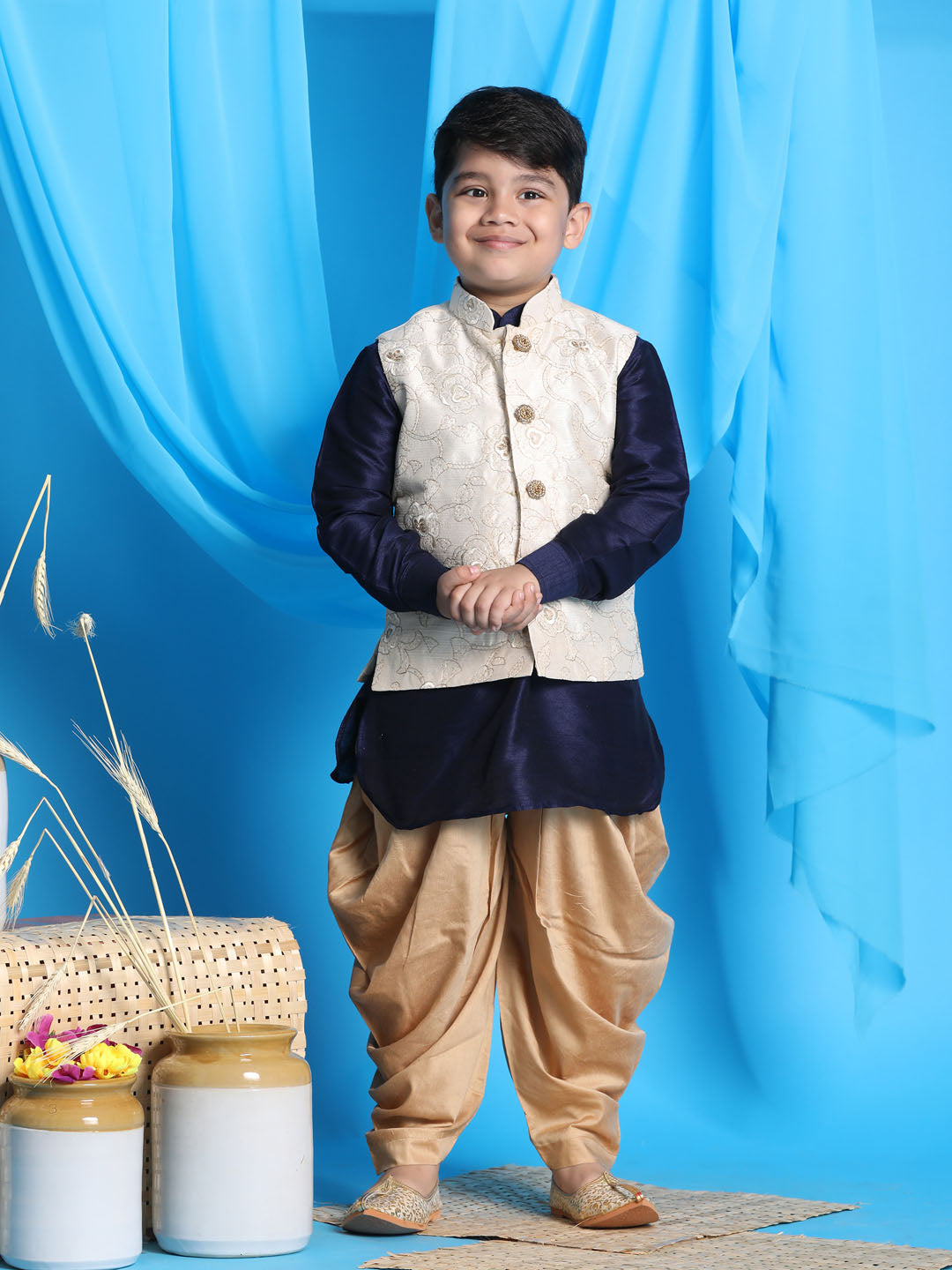 Vastramay Boy's Beige Embroidered Nehru Jacket With Navy Blue Kurta And Rose Gold Dhoti Set - qivii