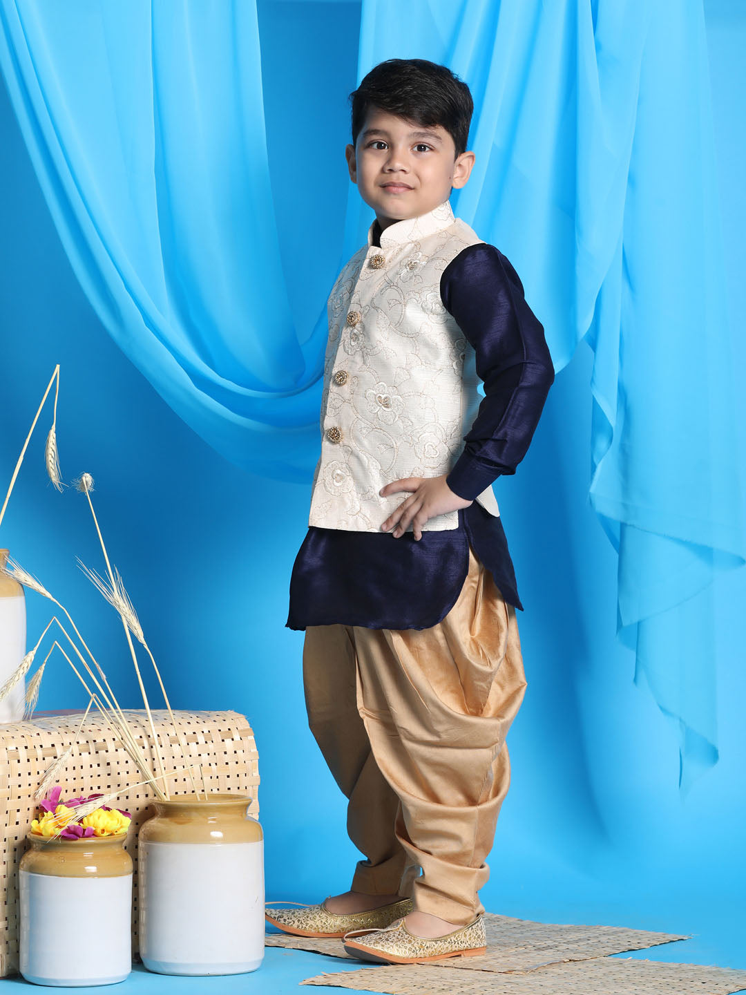 Vastramay Boy's Beige Embroidered Nehru Jacket With Navy Blue Kurta And Rose Gold Dhoti Set - qivii