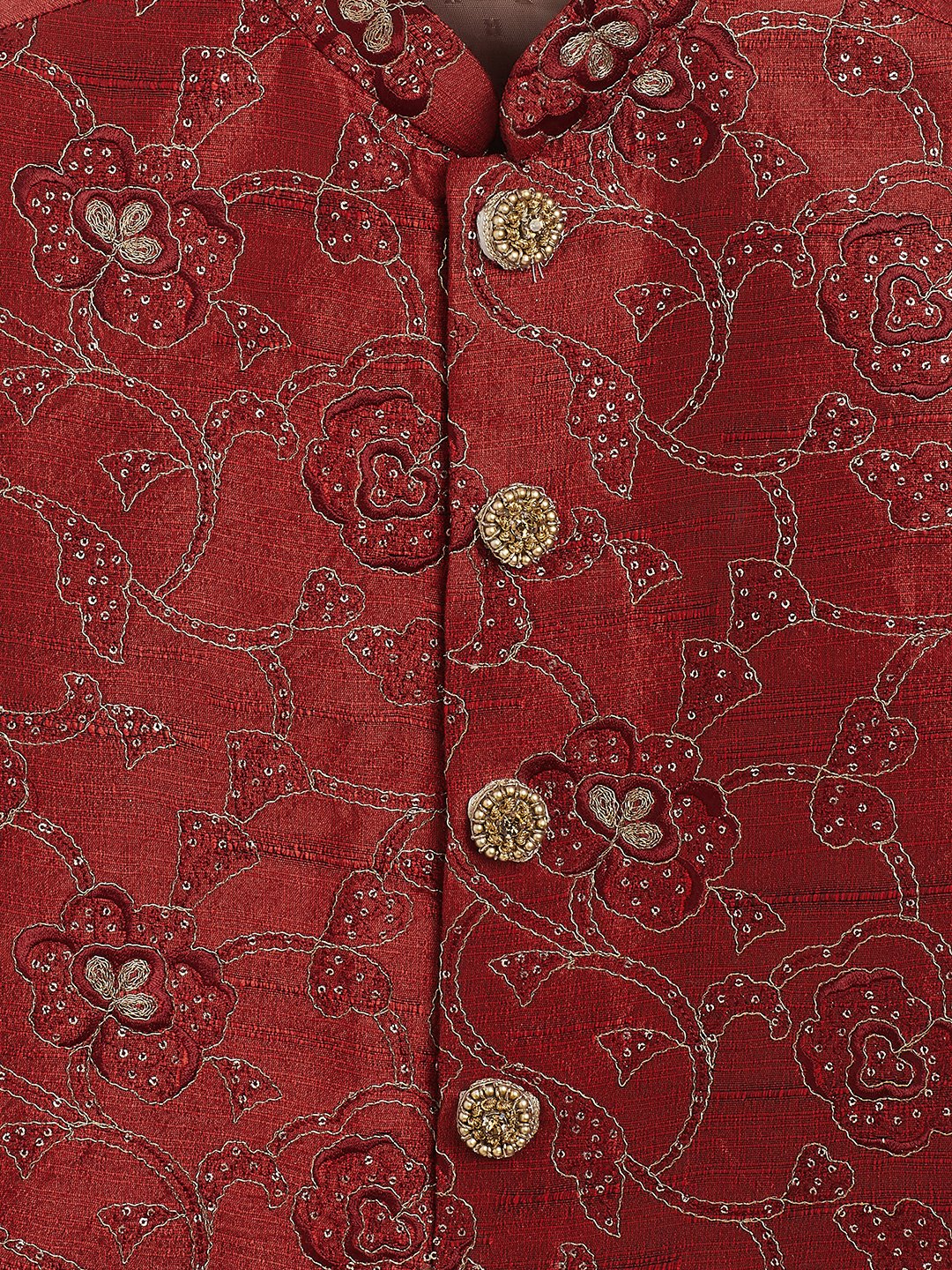 Vastramay Boy's Maroon Silk Blend Embroidered Nehru Jacket - qivii