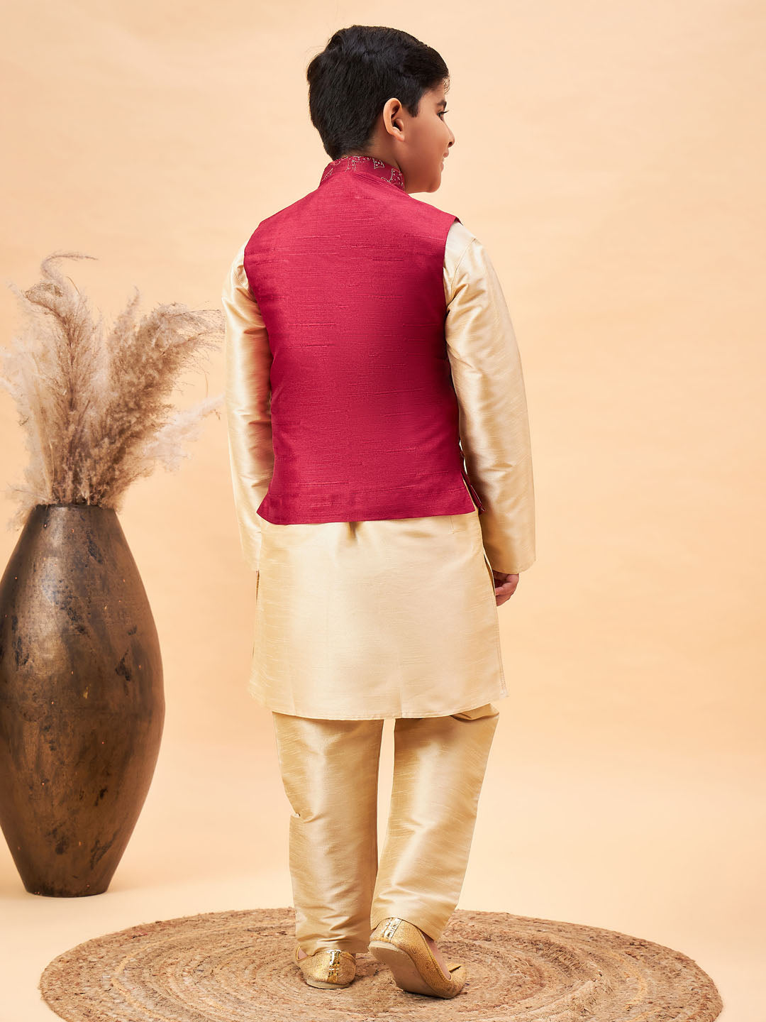 VASTRAMAY Boy's Maroon Nehru Jacket With Gold Kurta And Pyjama Set - qivii