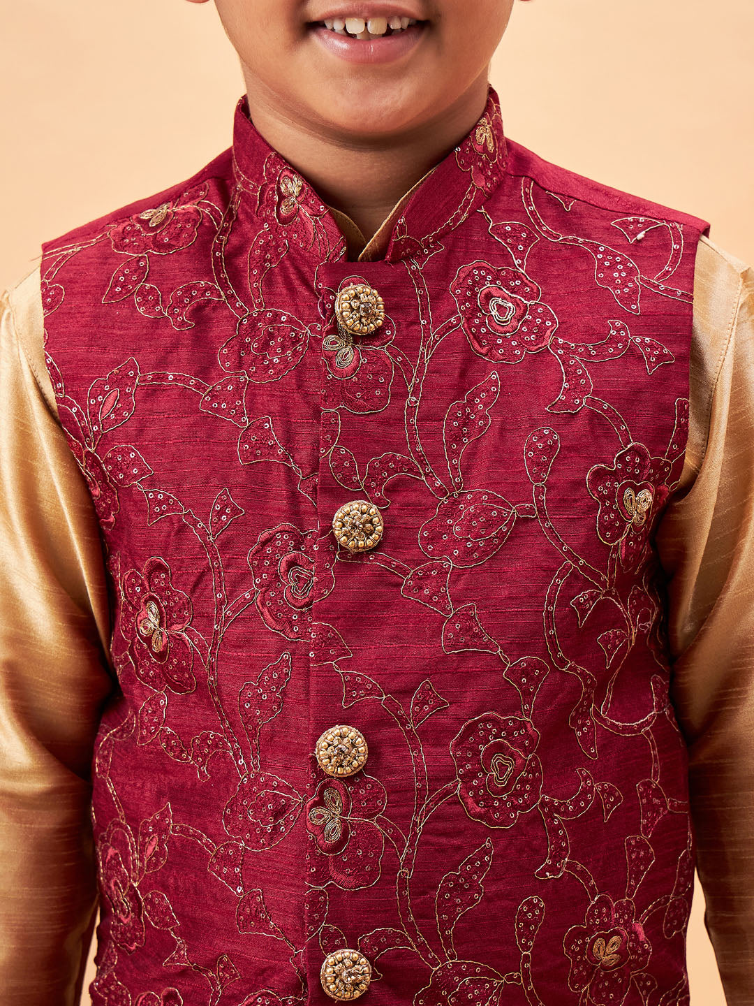 VASTRAMAY Boy's Maroon Woven Jacket With Rose Gold Kurta and Pyjama Set - qivii