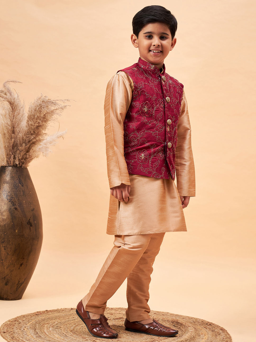 VASTRAMAY Boy's Maroon Woven Jacket With Rose Gold Kurta and Pyjama Set - qivii