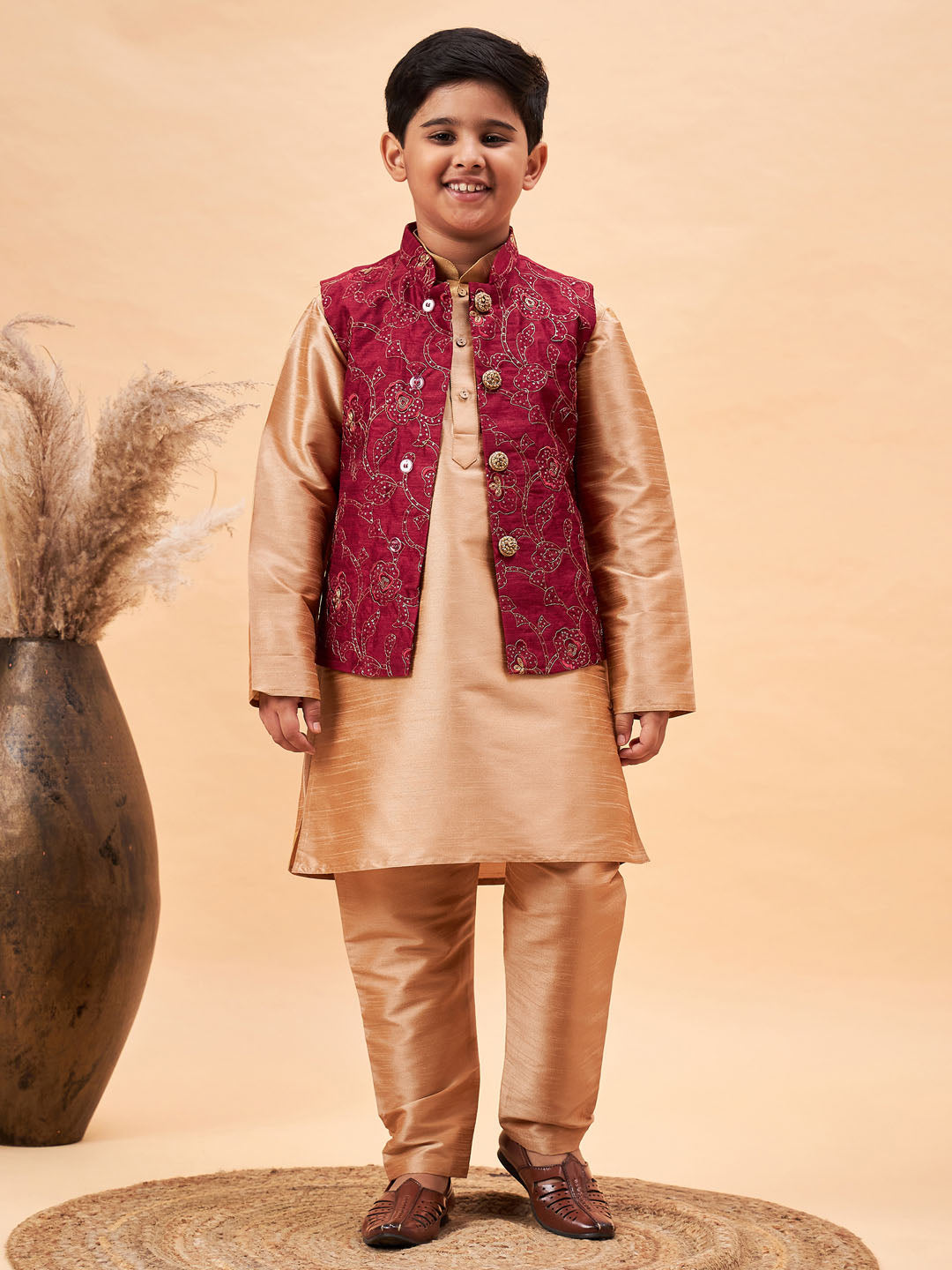 VASTRAMAY Boy's Maroon Woven Jacket With Rose Gold Kurta and Pyjama Set - qivii