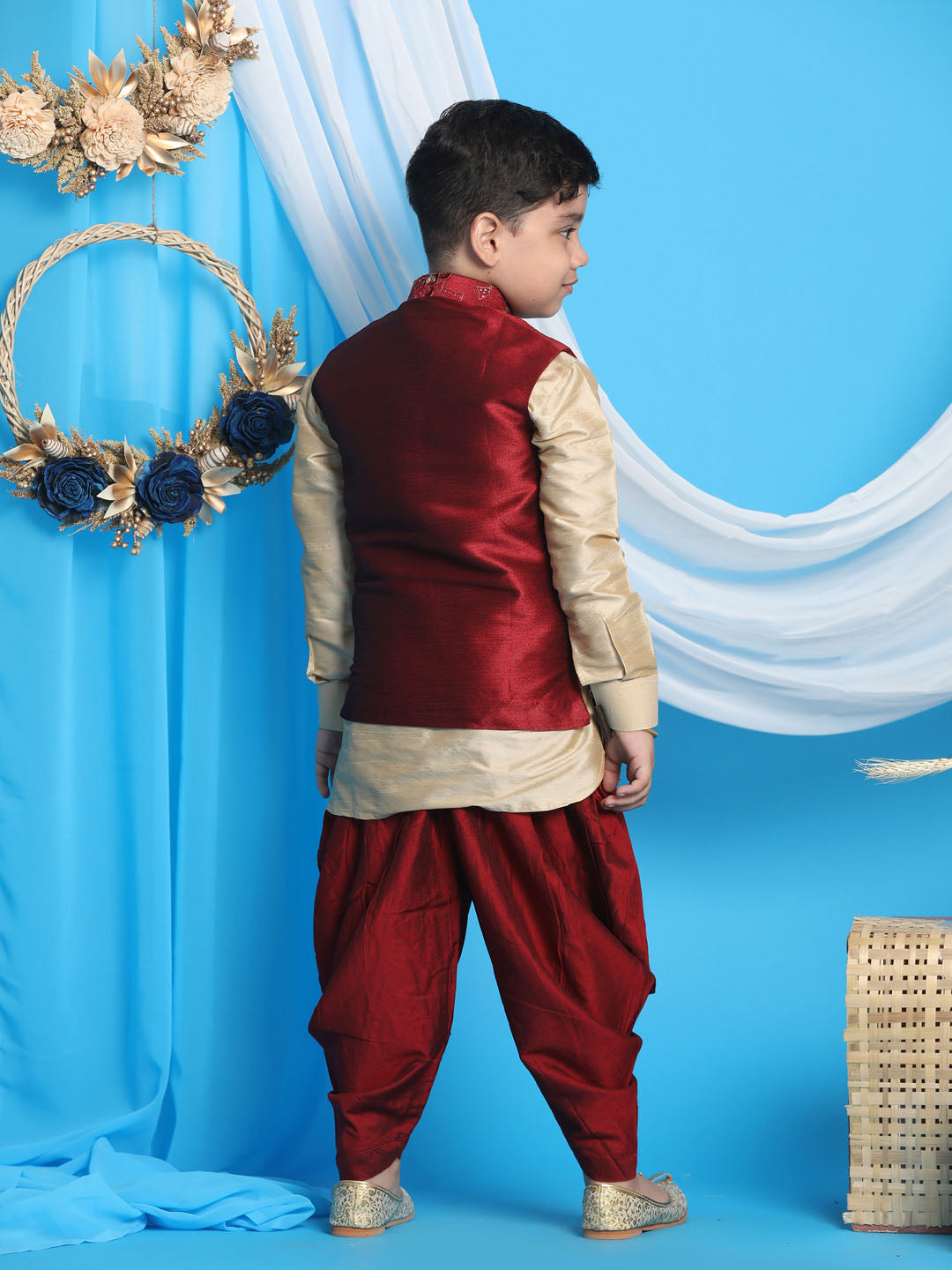 Vastramay Boy's Maroon Embroidered Nehru Jacket With Gold Kurta And Maroon Dhoti Set - qivii