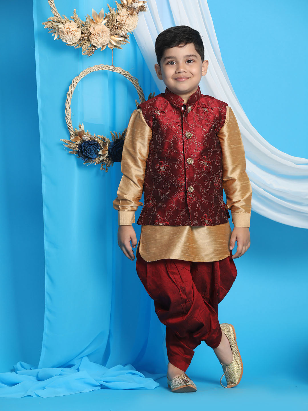 Vastramay Boy's Maroon Embroidered Nehru Jacket With Rose Gold Kurta And Dhoti Set - qivii