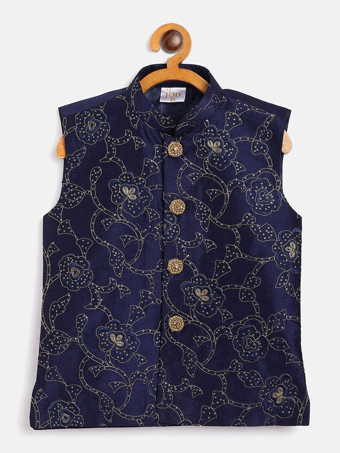 Vastramay Boy's Navy Blue Silk Blend Embroidered Nehru Jacket - qivii