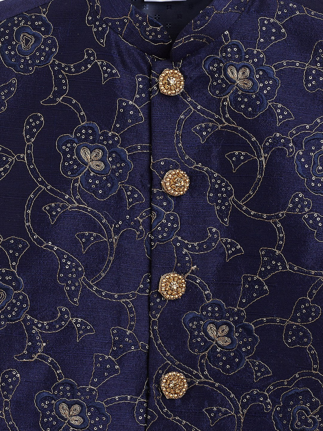 Vastramay Boy's Navy Blue Silk Blend Embroidered Nehru Jacket - qivii