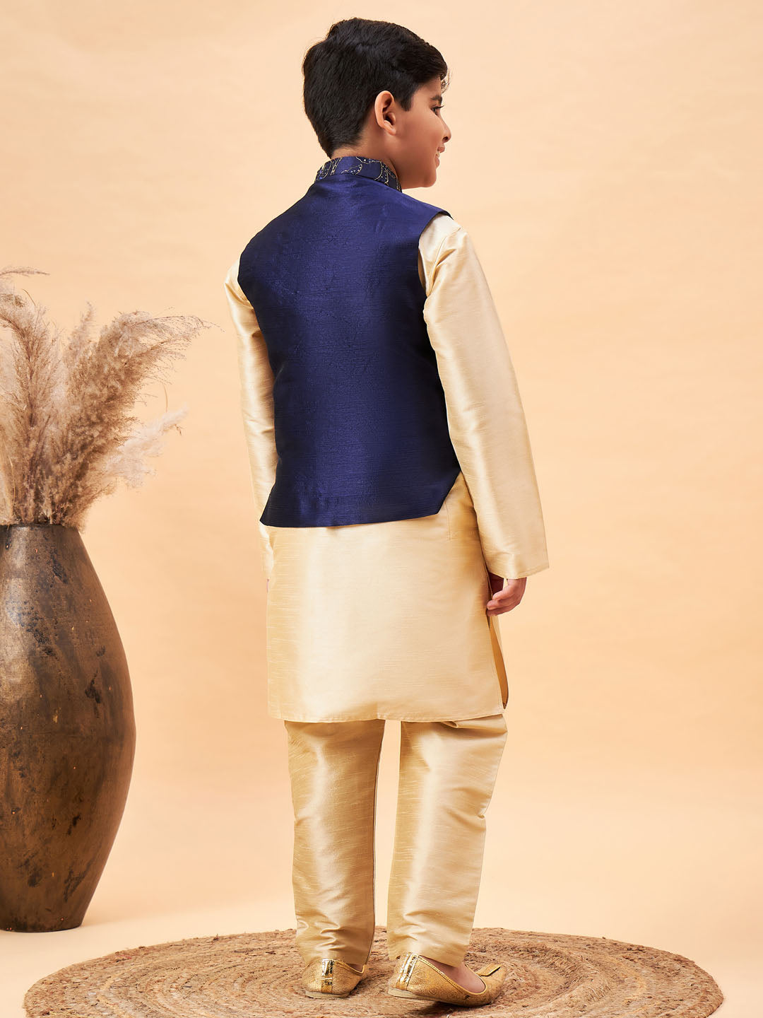 Vastramay Boy's Navy Blue Nehru Jacket With Gold Kurta And Pyjama Set - qivii