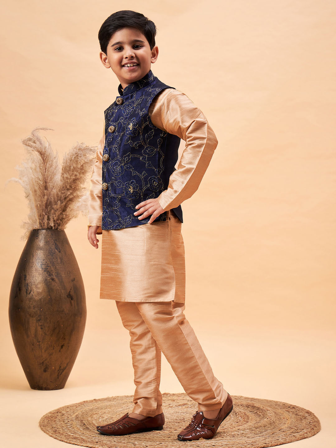 VASTRAMAY Boy's Navy Blue Nehru Jacket With Rose Gold Kurta And Pyjama Set - qivii