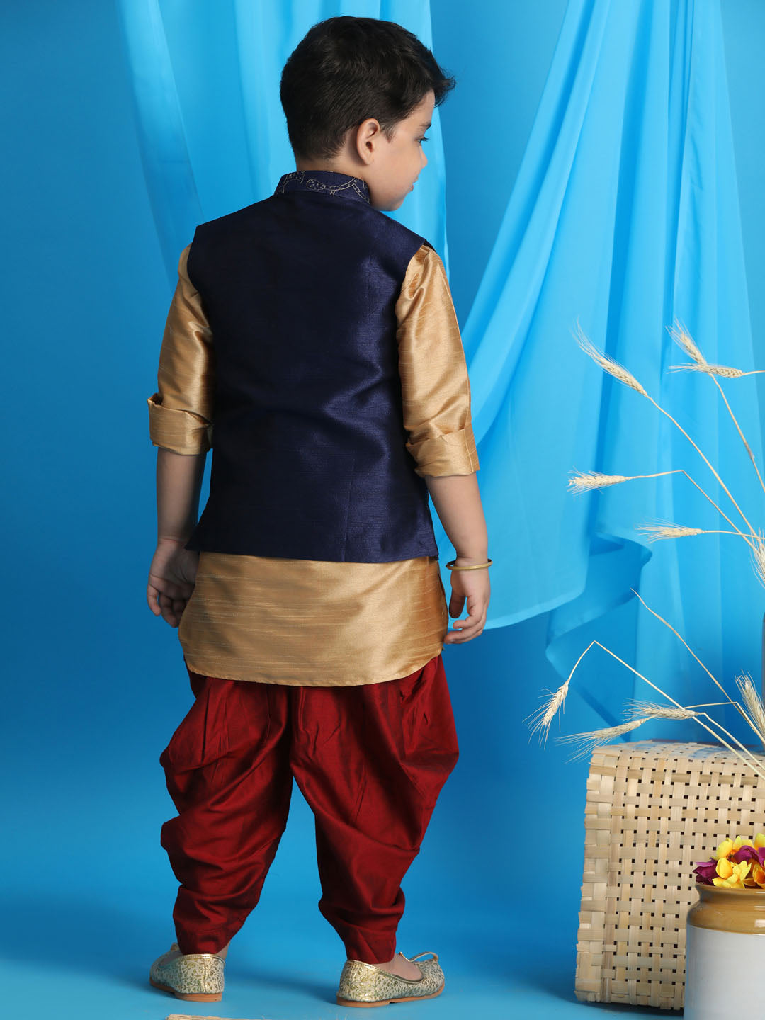 Vastramay Boy's Navy Blue Embroidered Nehru Jacket With Rose Gold Kurta And Maroon Dhoti Set - qivii