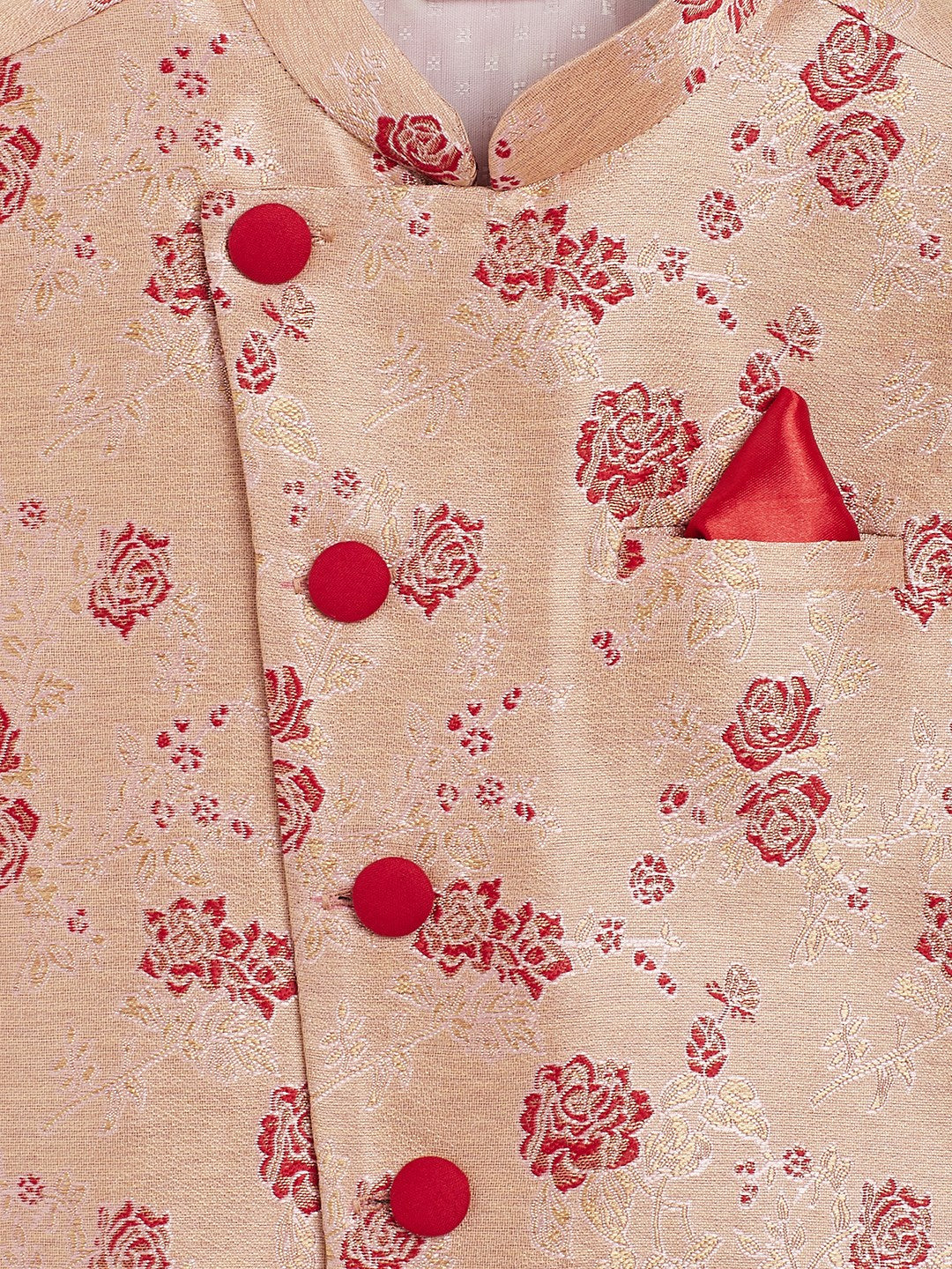 Vastramay Boy's Maroon Asymmetric Banarasi Brocade Nehru Jacket - qivii