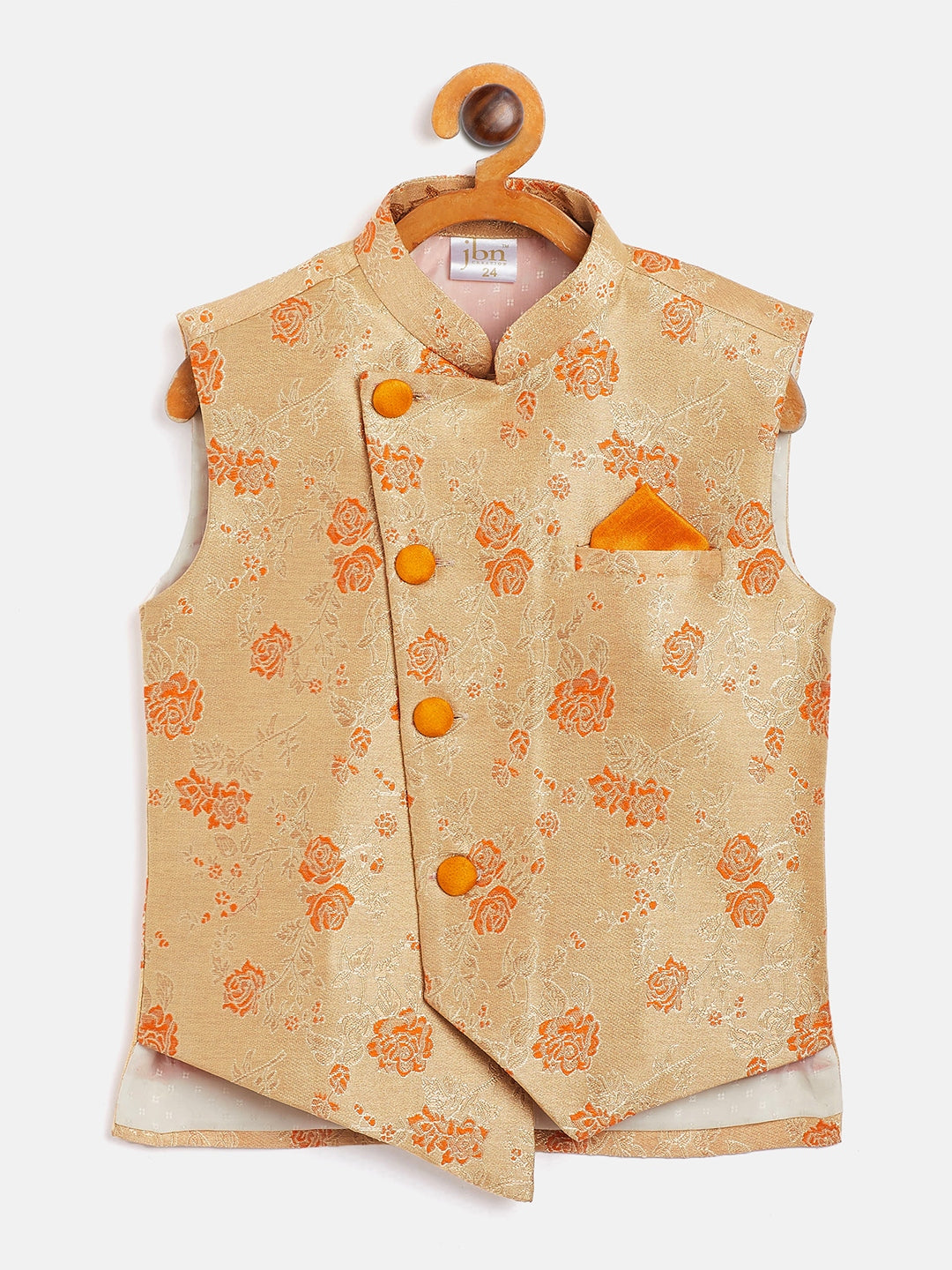 Vastramay Boy's Orange Asymmetric Banarasi Brocade Nehru Jacket - qivii