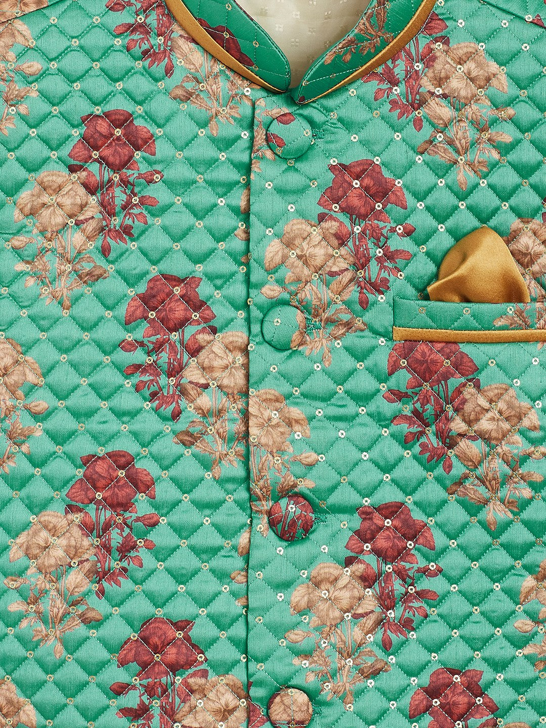 Vastramay Boys Green & Maroon Printed Slim Fit Woven Nehru Jacket - qivii