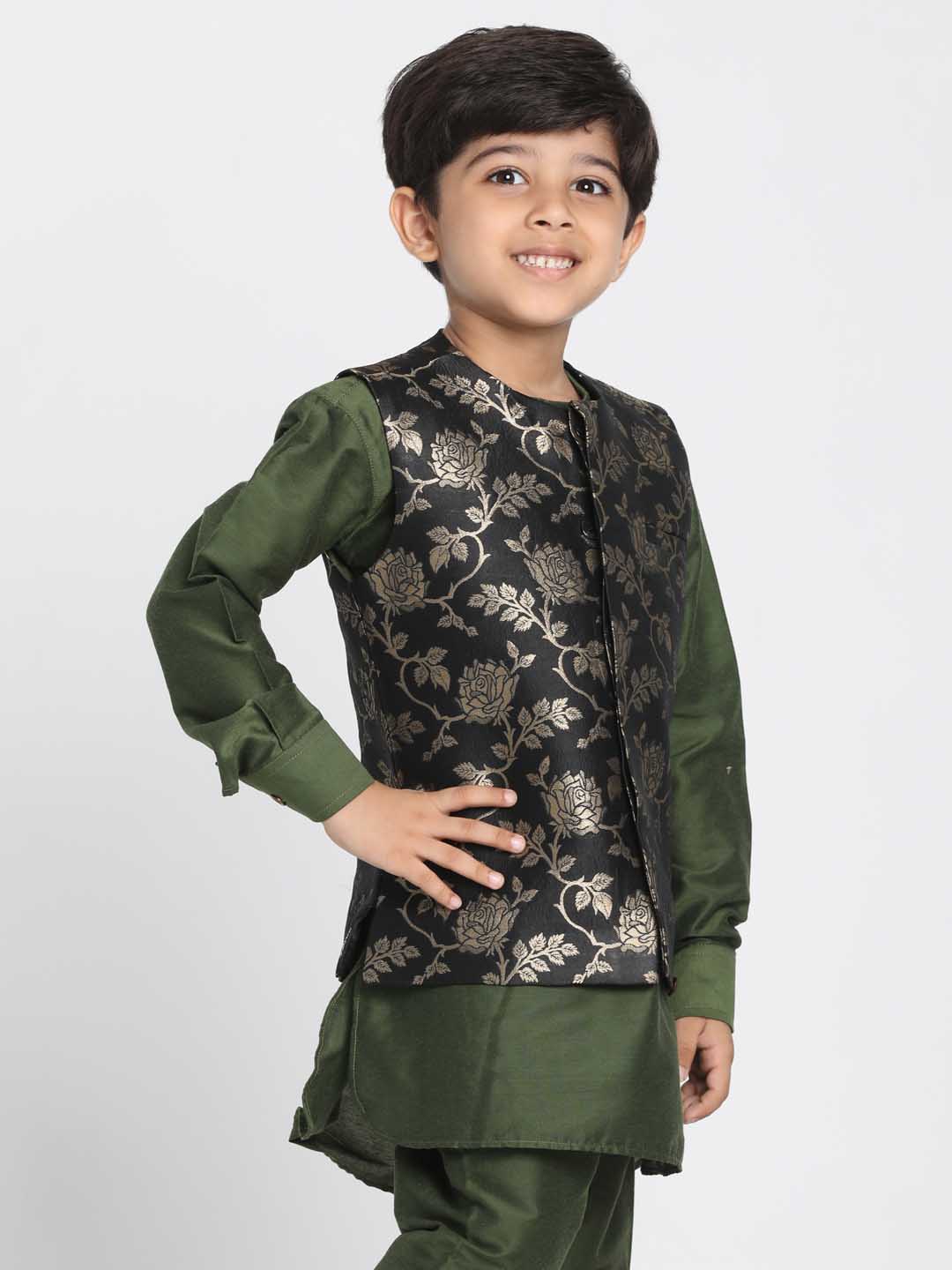 Vastramay Boys' Black Cotton Silk Blend Nehru Jacket - qivii