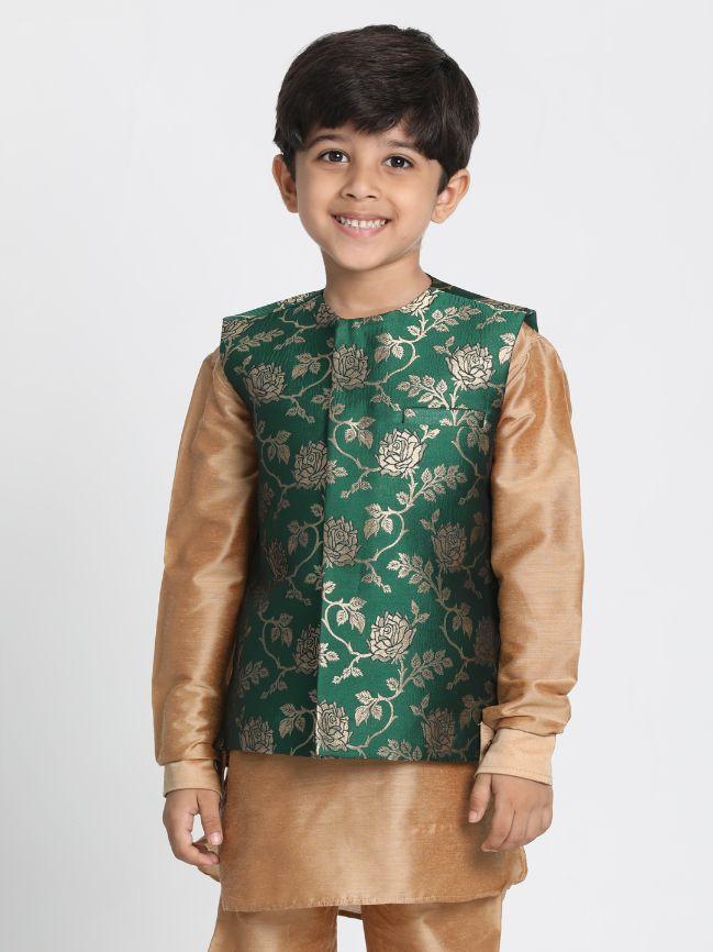 Vastramay Boys' Dark Green Cotton Silk Blend Nehru Jacket - qivii