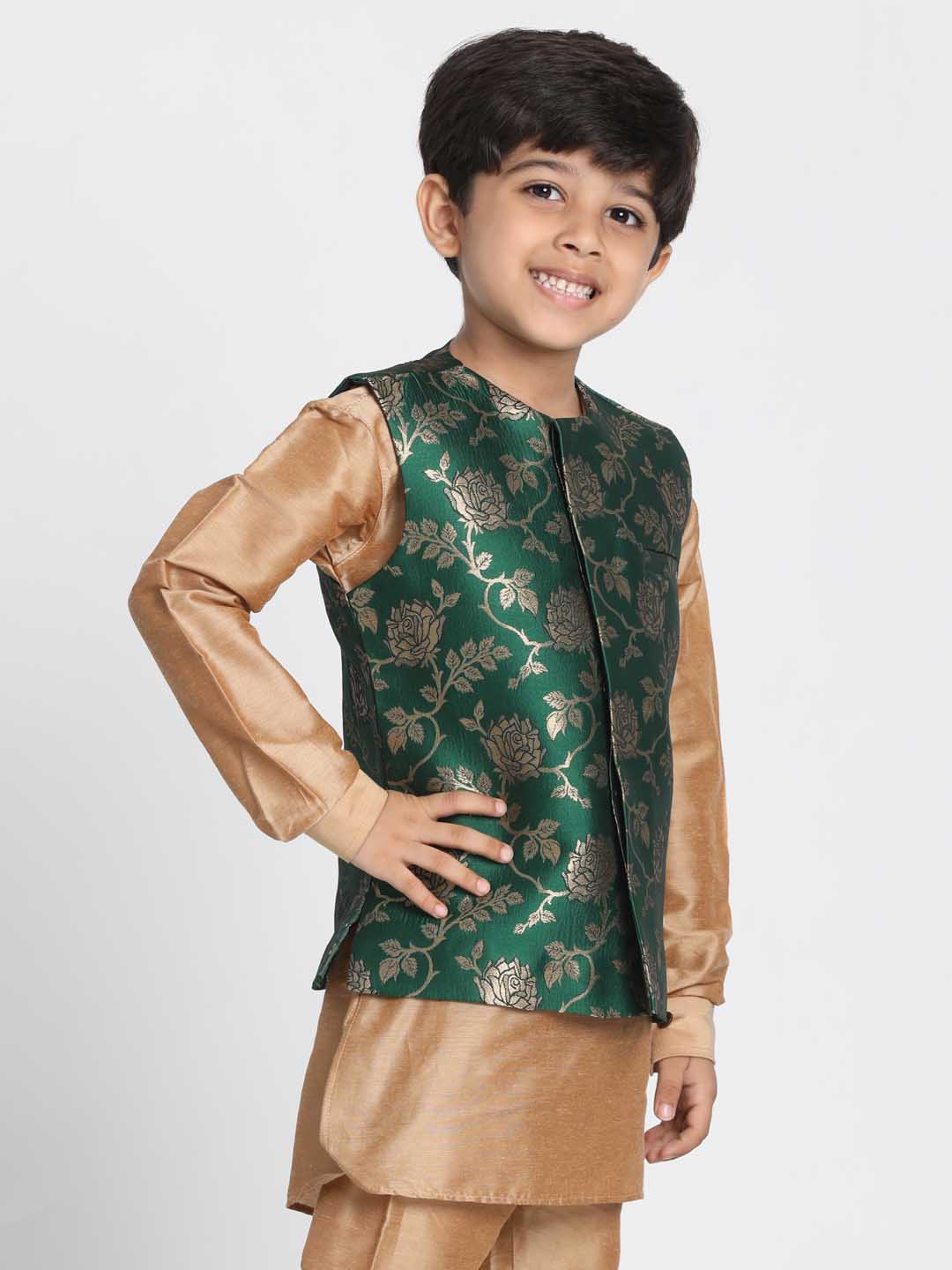 Vastramay Boys' Dark Green Cotton Silk Blend Nehru Jacket - qivii