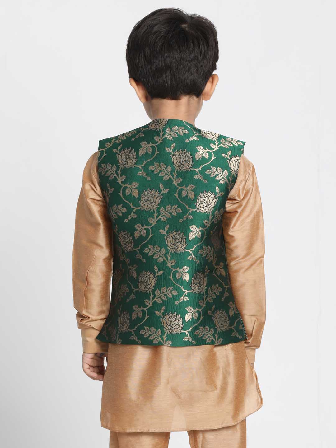 Vastramay Boys' Dark Green Cotton Silk Blend Nehru Jacket - qivii