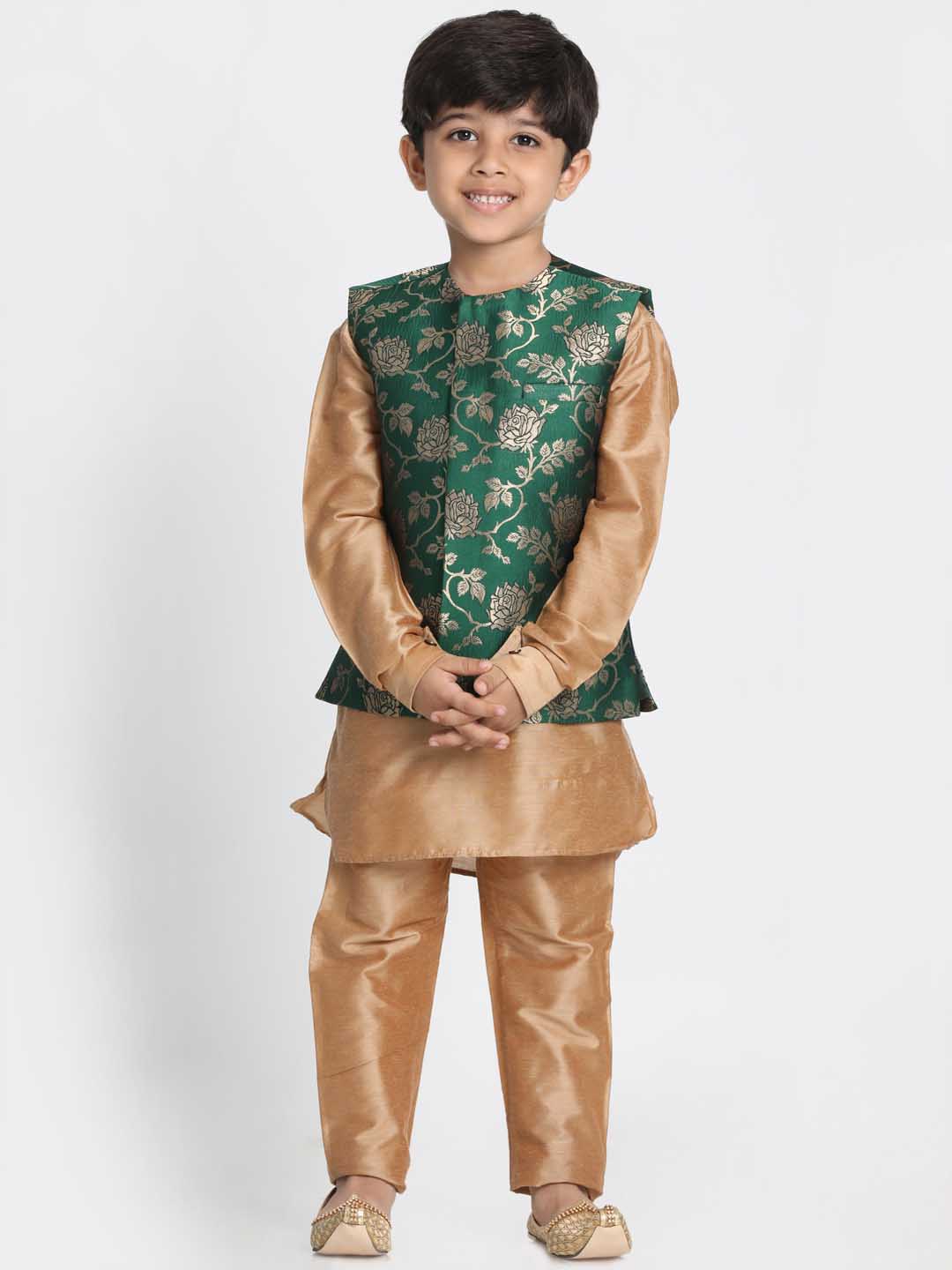 Vastramay Boys' Dark Green Cotton Silk Blend Nehru Jacket - qivii