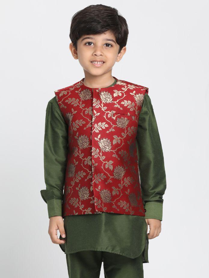 Vastramay Boys' Maroon Cotton Silk Blend Nehru Jacket - qivii